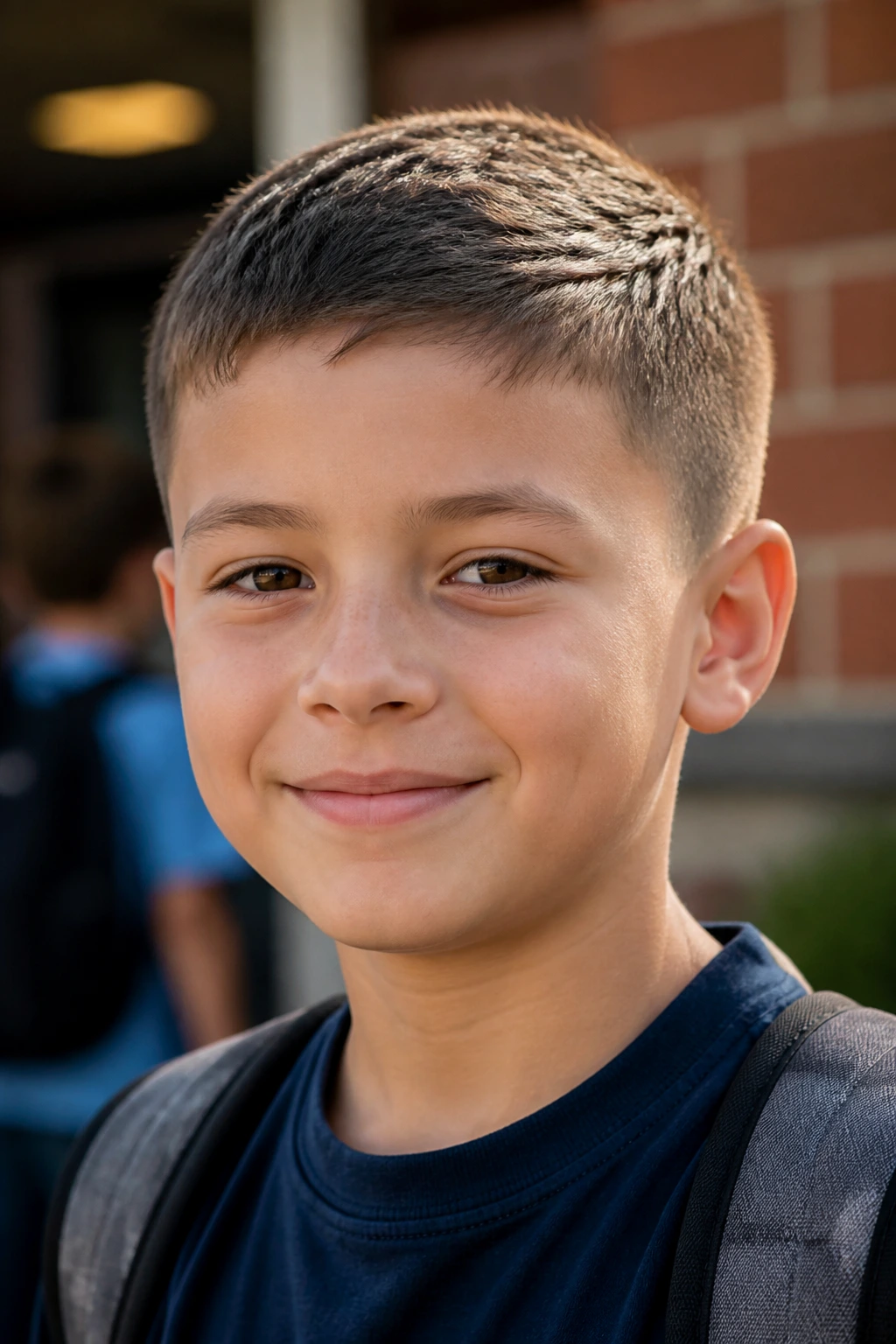 Close-up of a real boy with a classic short crew cut, neat and tidy
