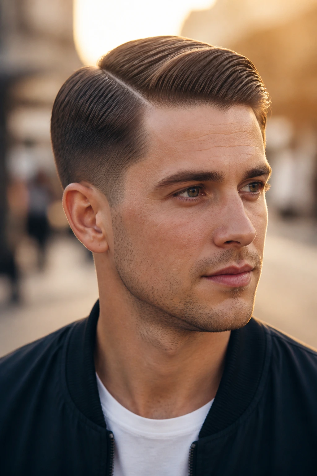 Man with classic side part and tapered sides in an urban setting