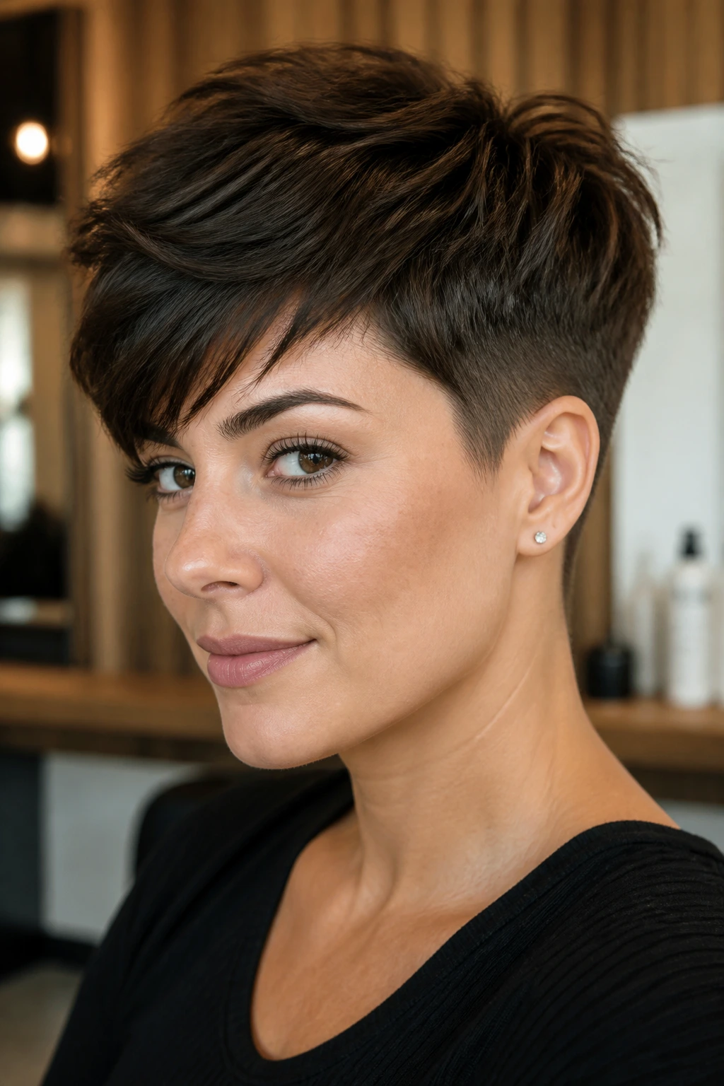 Real woman with classic tapered pixie showing close sides and 2-3 inch top