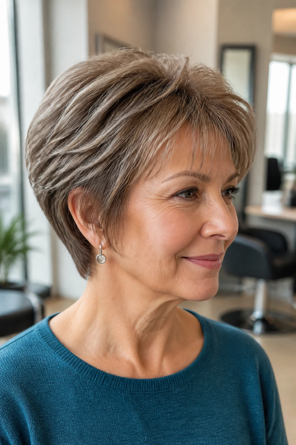 Close-up portrait of a real woman with Classic Wedge Cut with a Modern Finish in a sunlit salon
