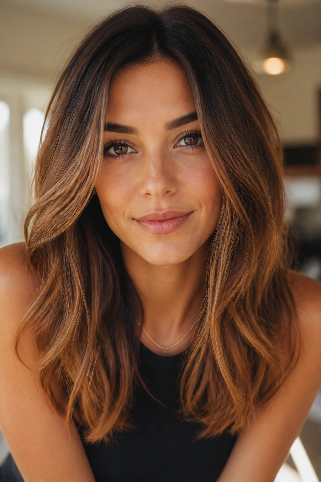 Close-up portrait of a real person with medium-dark brown hair and amber highlights