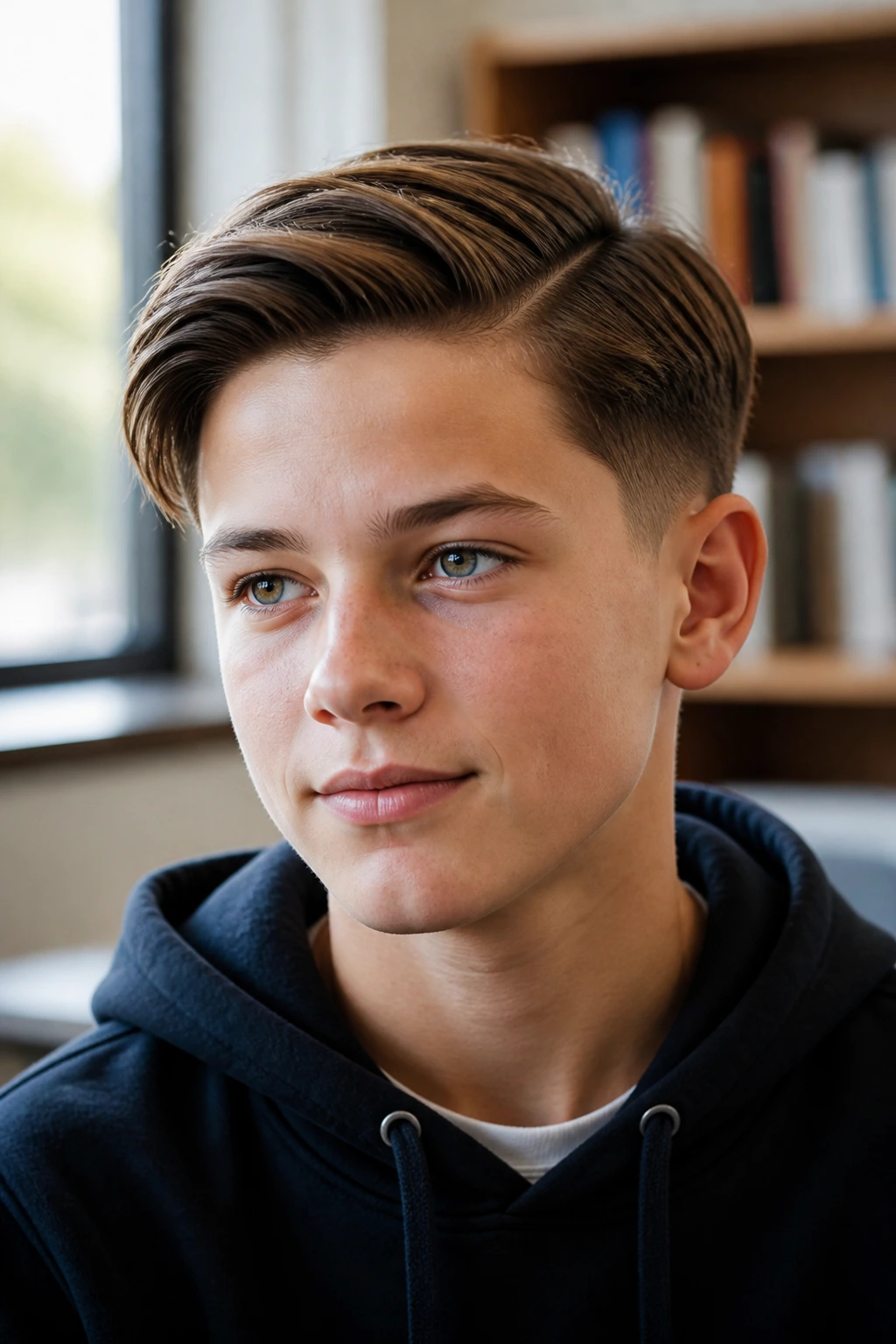 Close-up portrait of a boy with a classic side part and tapered sides