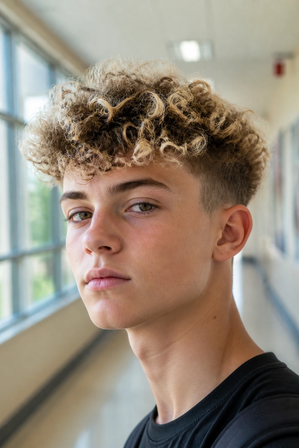 Close-up portrait of a teenage boy with dimensional blonde curls in a classroom.