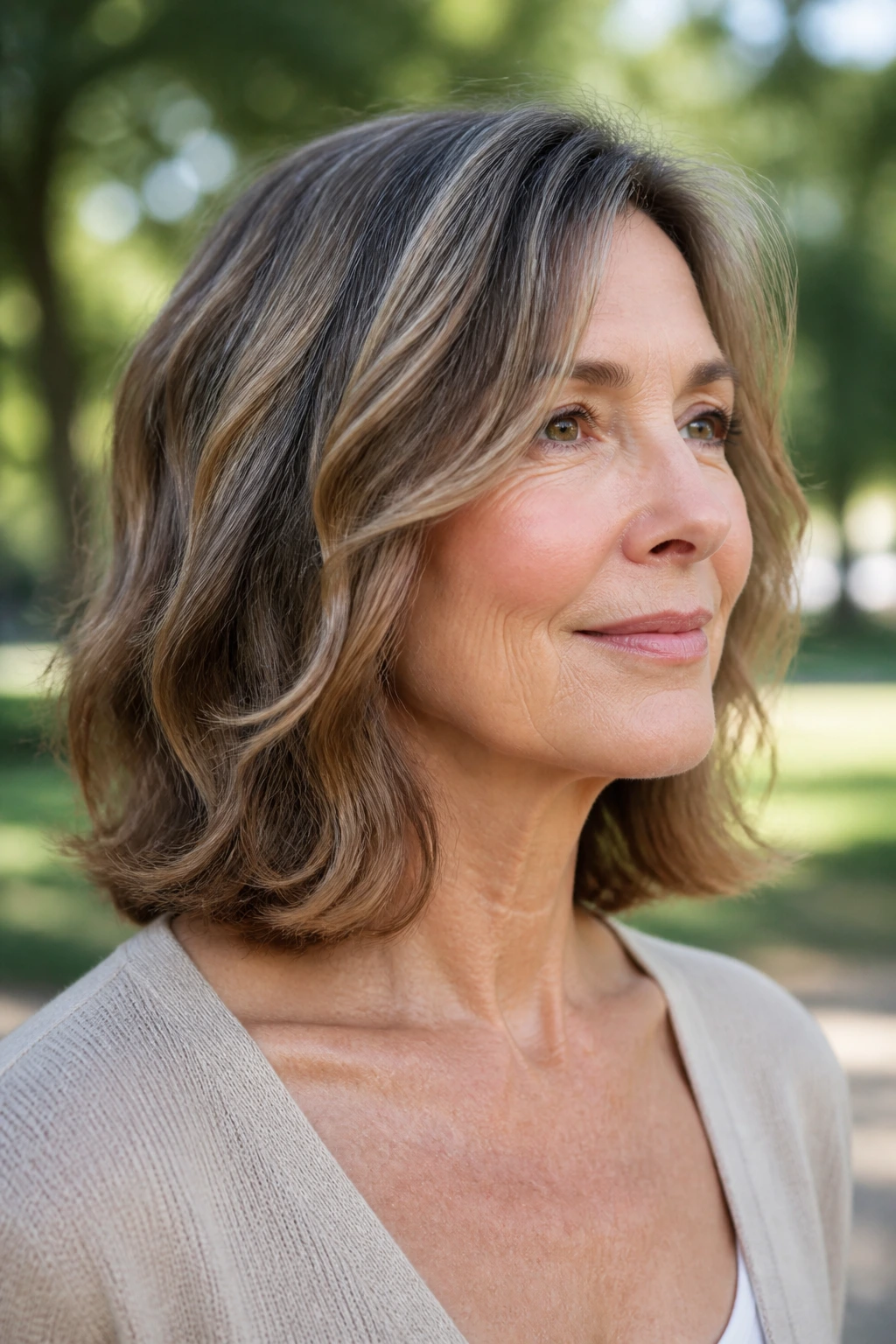 Close-up portrait of real woman with clavicle-length cut and bent ends