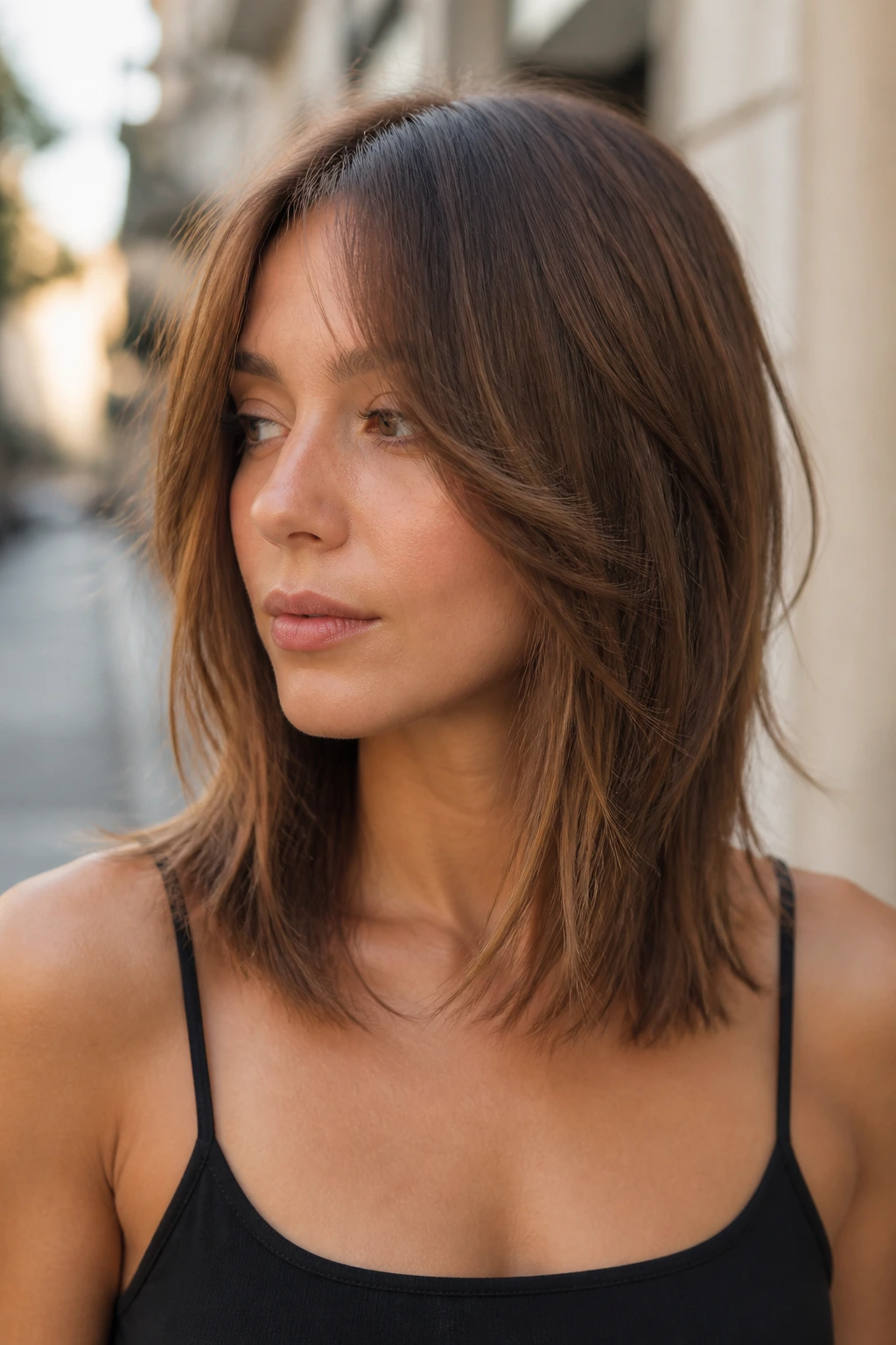 Close-up portrait of a real person with clavicle-length cut and slipping face frames.
