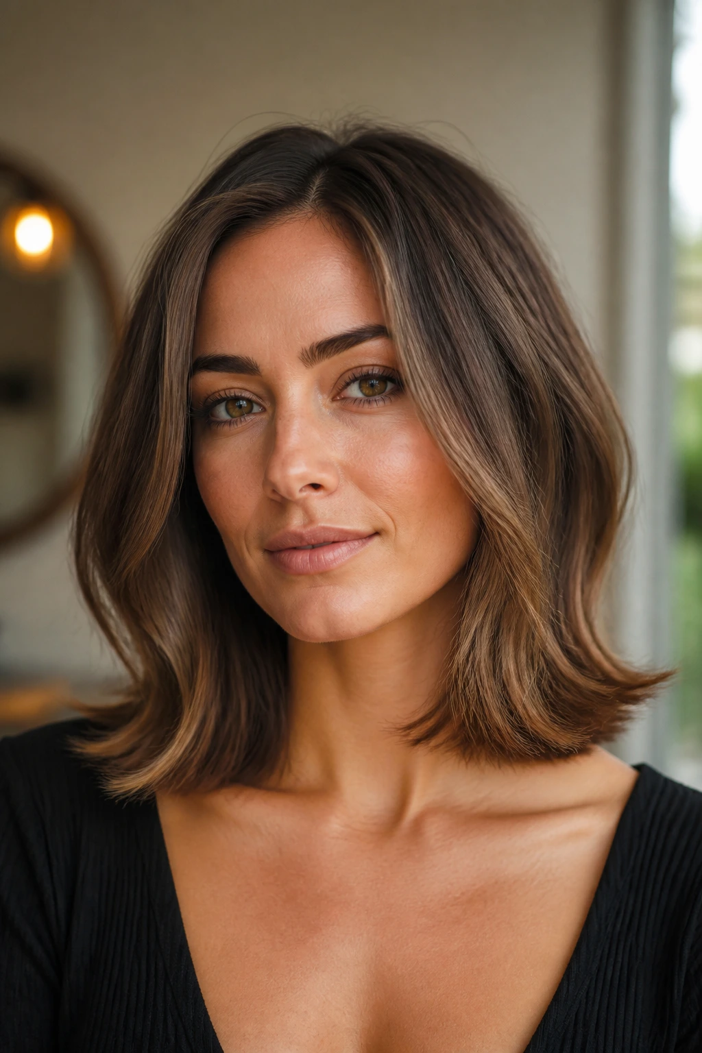 Portrait of a real woman with clavicle-length cut and outward flicked ends