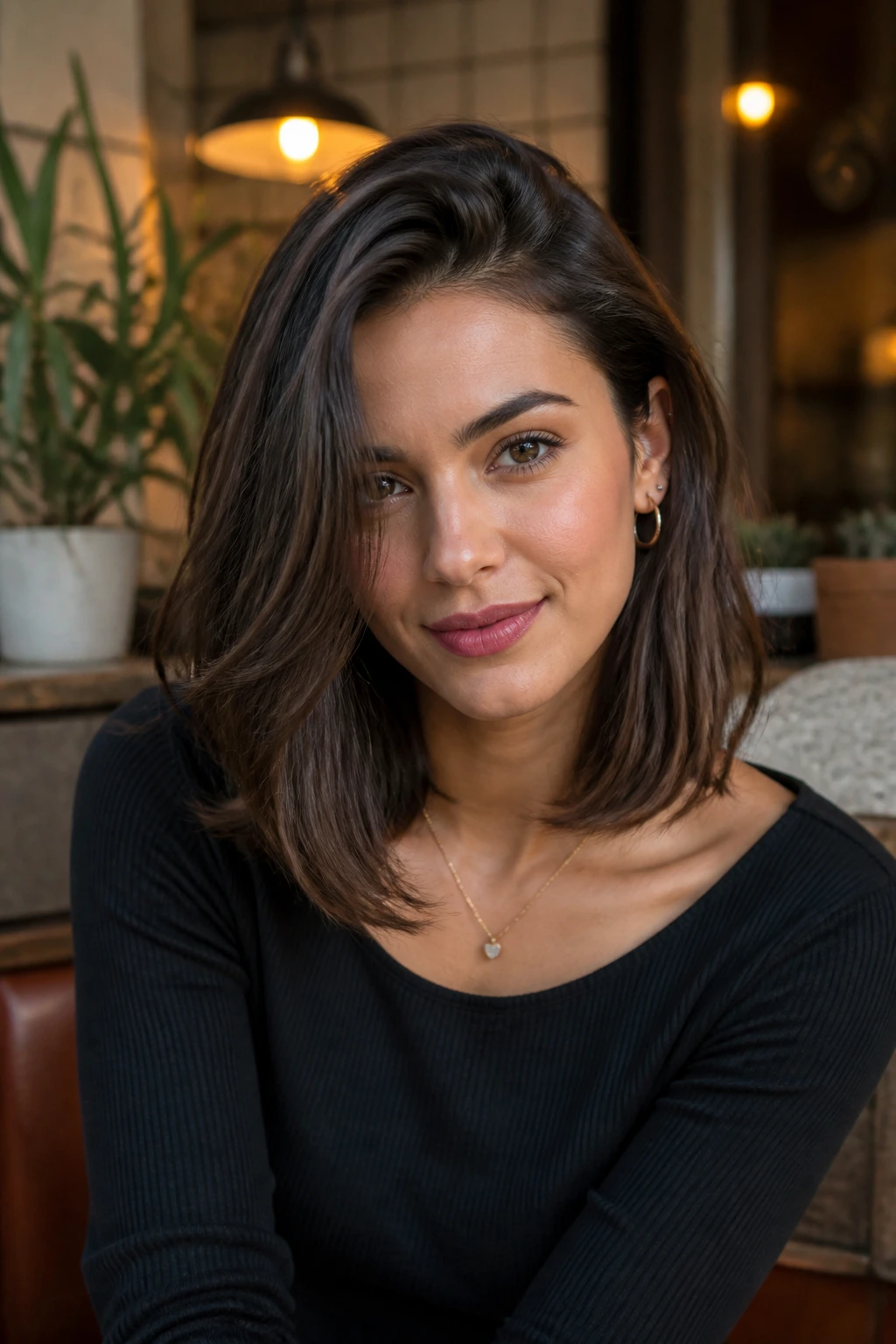 Medium close-up of a real person with clavicle-length hair and a deep side part