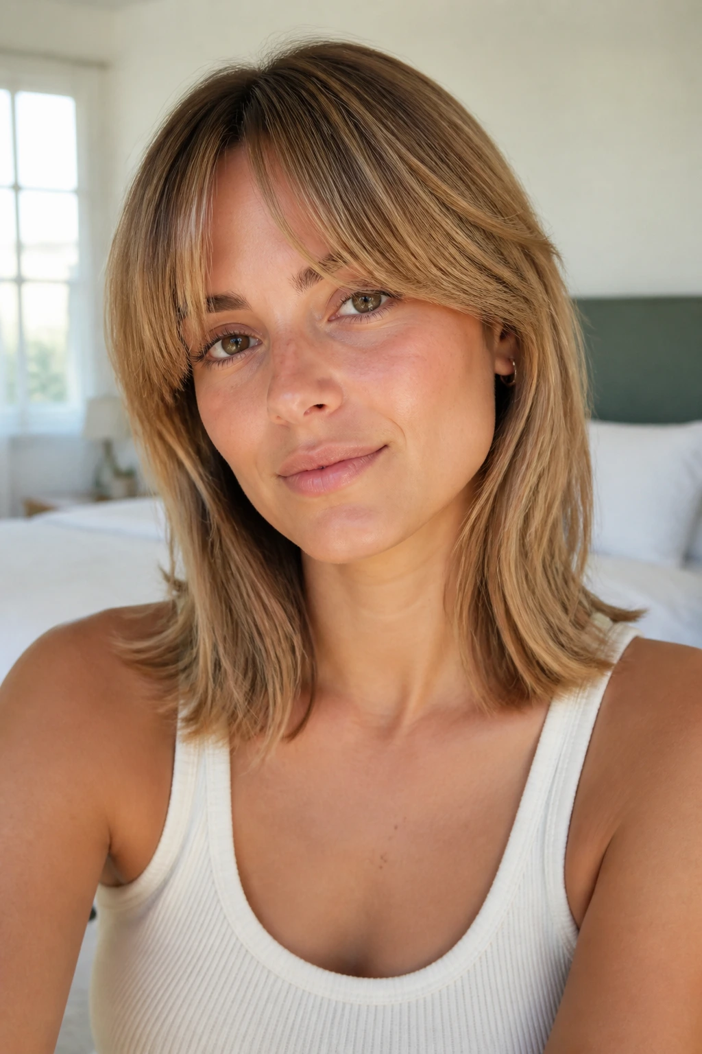 Close-up of a real woman with clavicle-length hair and bottleneck bangs