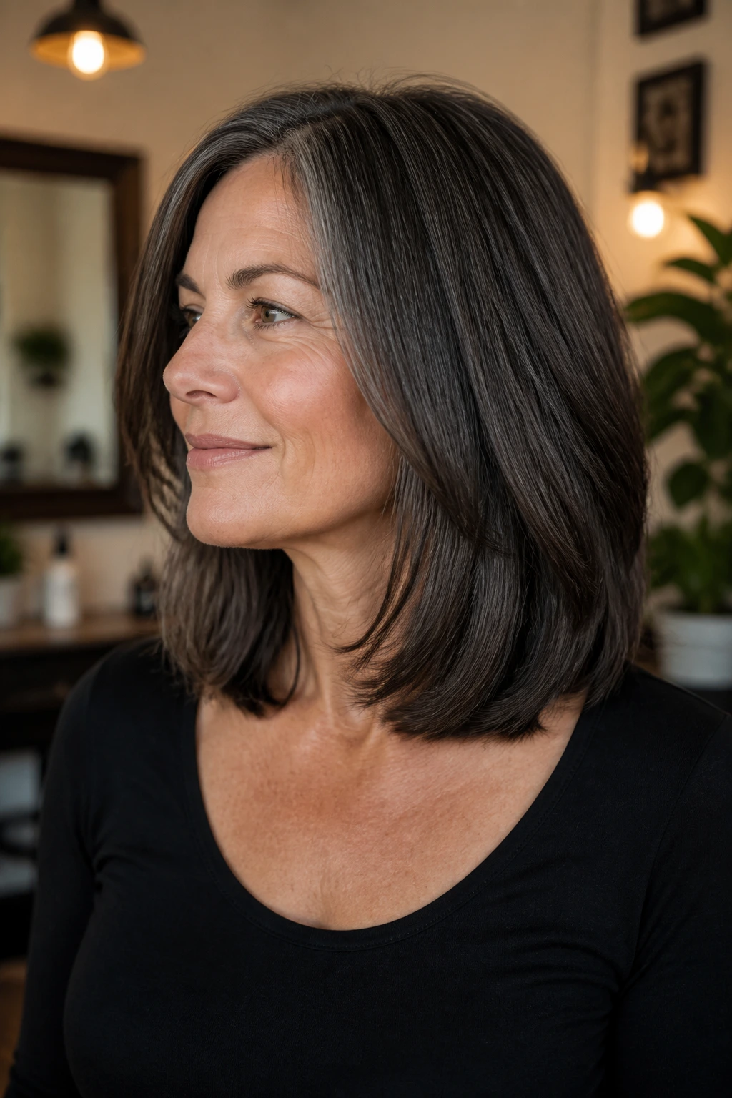 Real woman with clavicle-length thick hair cut.