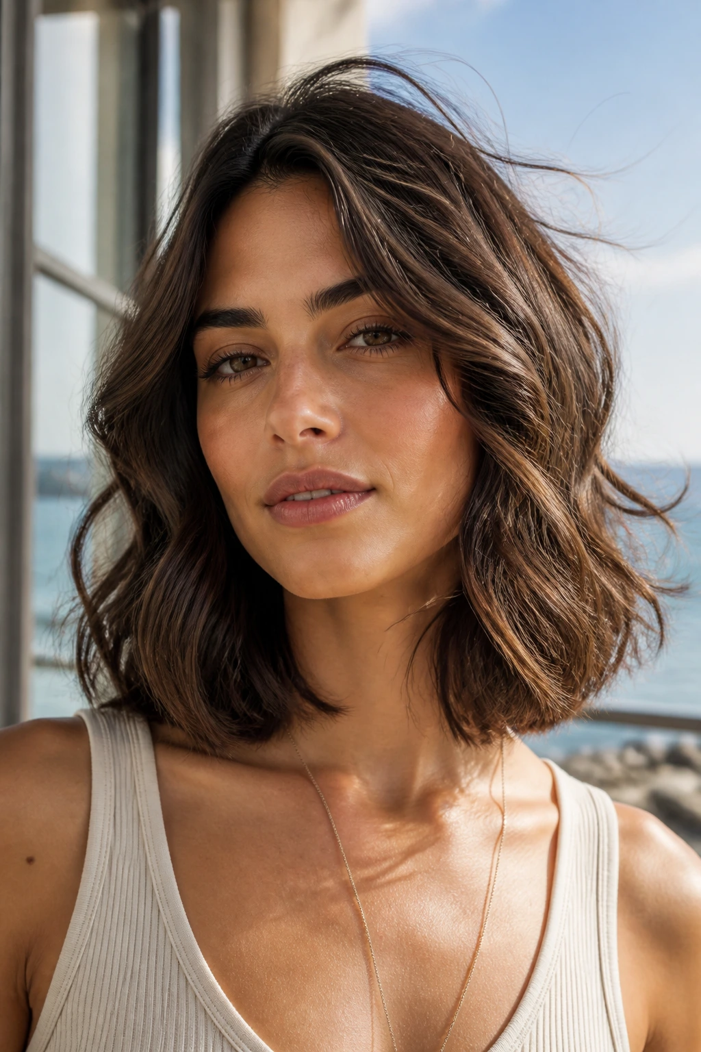 Close-up of a real woman with clavicut and airy waves on olive skin