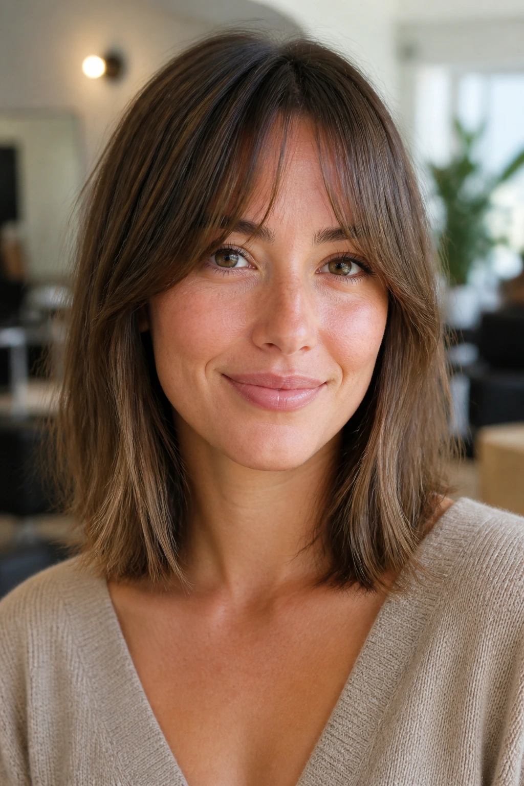 Close-up of a woman with clavicut and bottleneck bangs