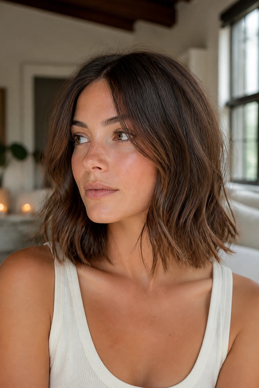 Close-up of real woman with clavicut and textured broken ends in warm light.