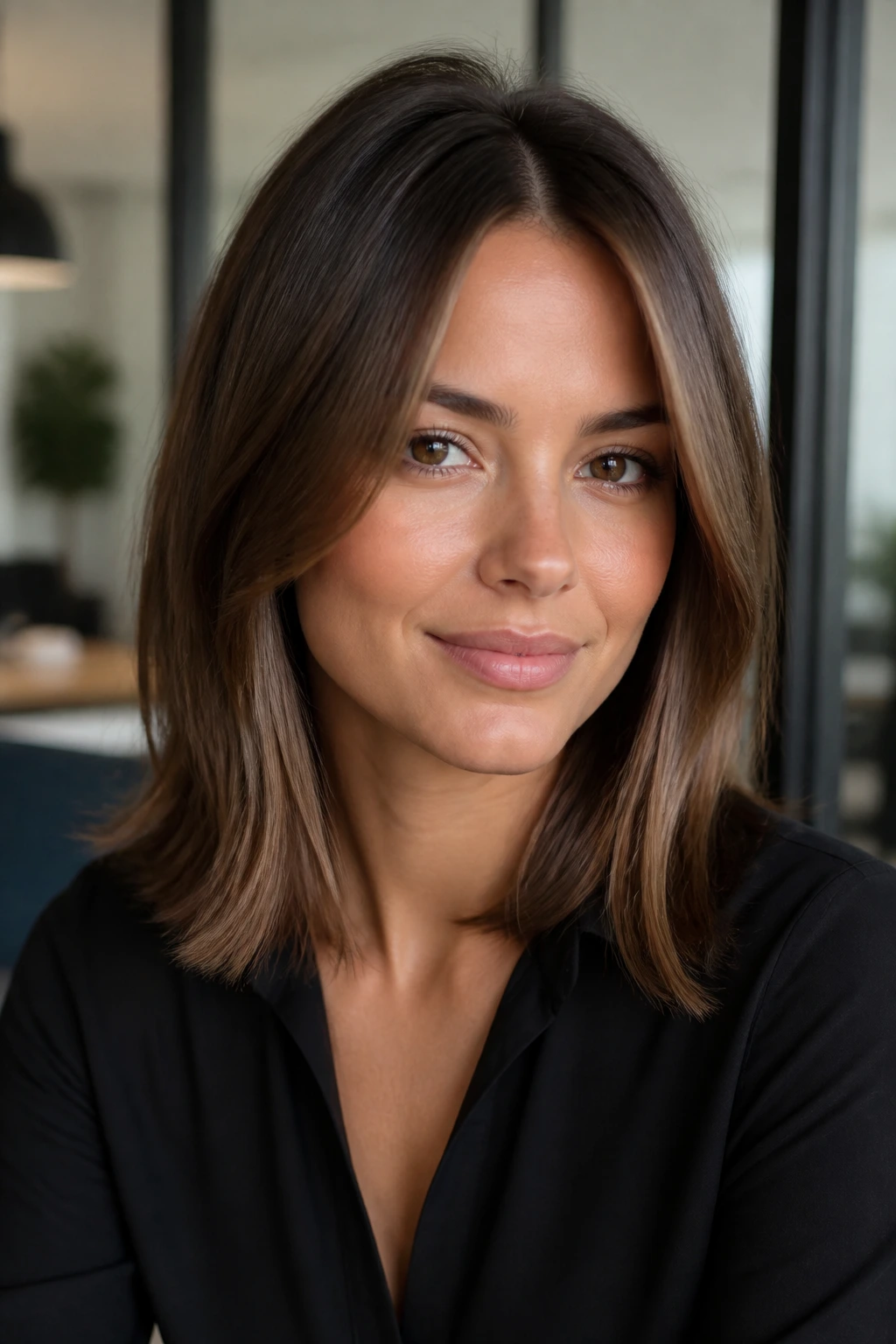 Close-up of a real person with clavicut and center-part sweep in a workspace setting