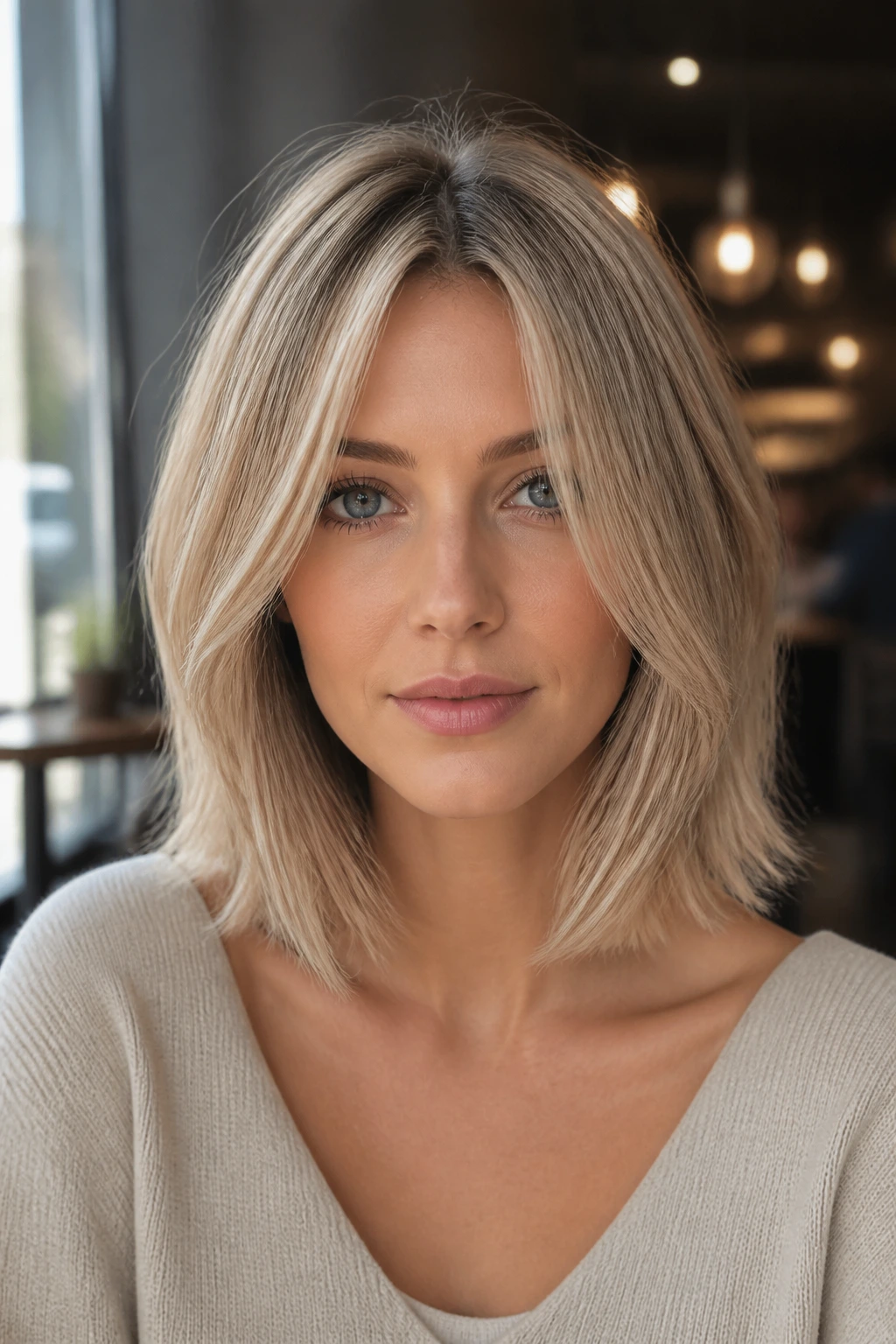 Close-up of a real woman with clavicut and invisible layers in beige ash blonde