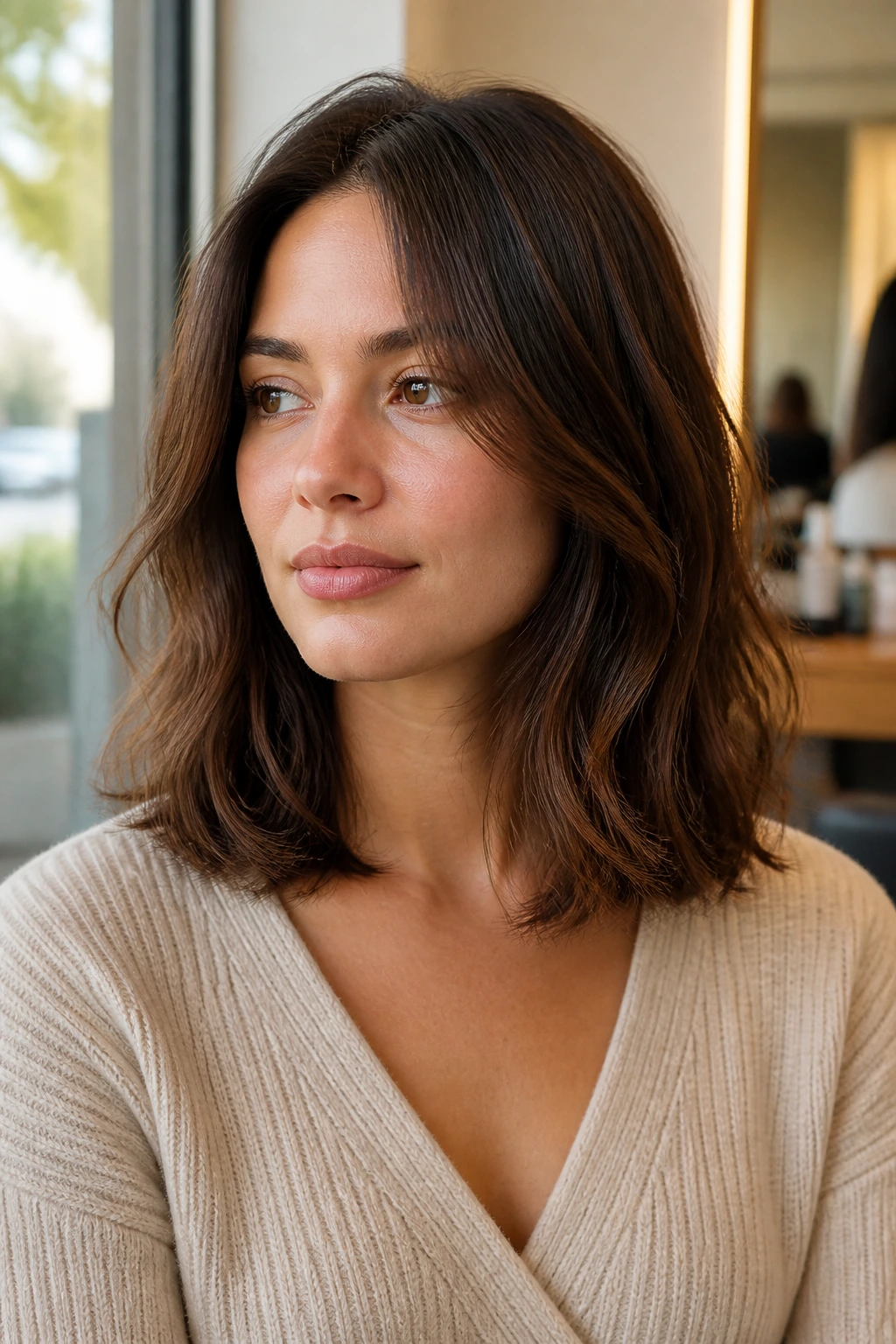 Medium close-up of a real woman with collarbone-length clavicut and subtle invisible layers.