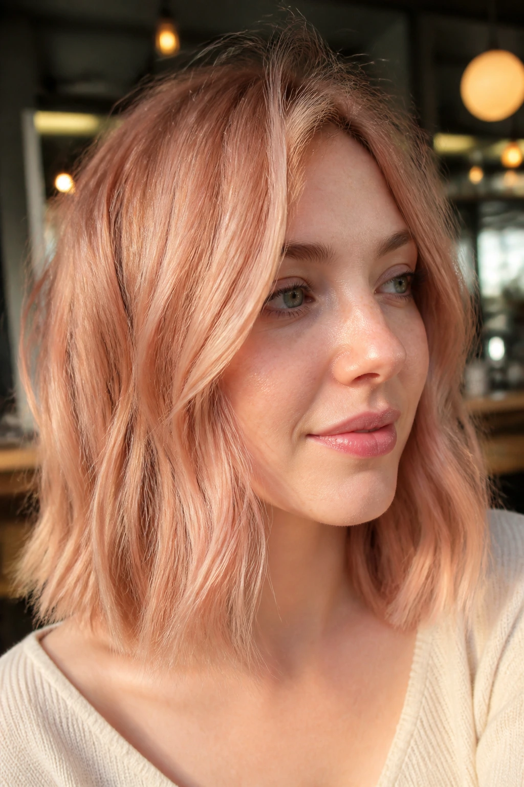 Close-up of a real woman with clavicut and pink-beige balayage