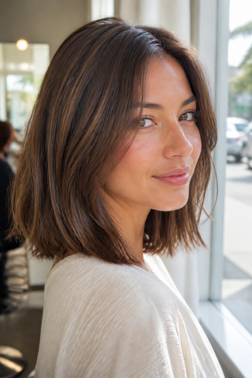 Close-up portrait of a real woman with clavicut quiet taper hairstyle in a sunlit salon