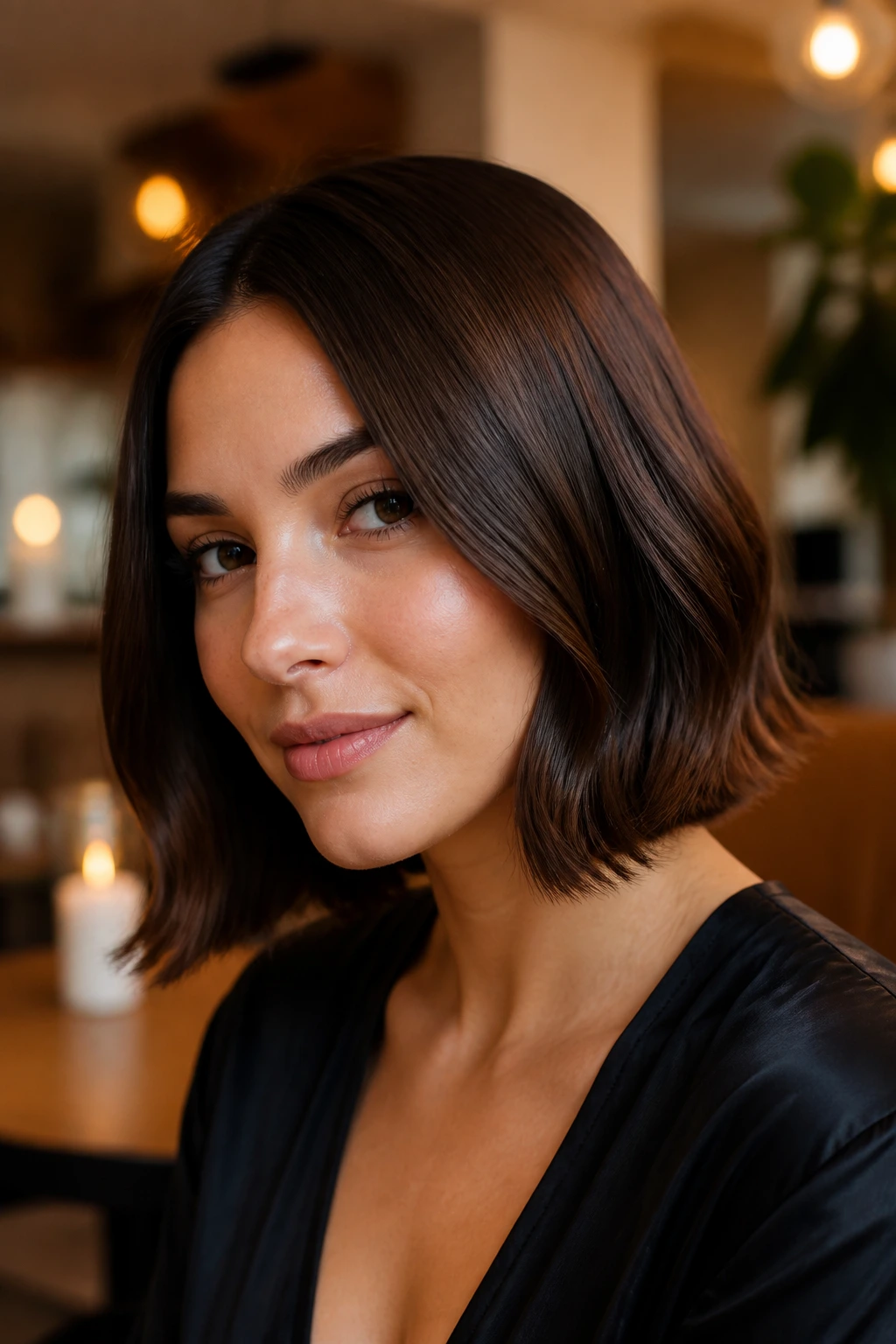 Portrait of woman with clavicut and wavy ends in cafe setting