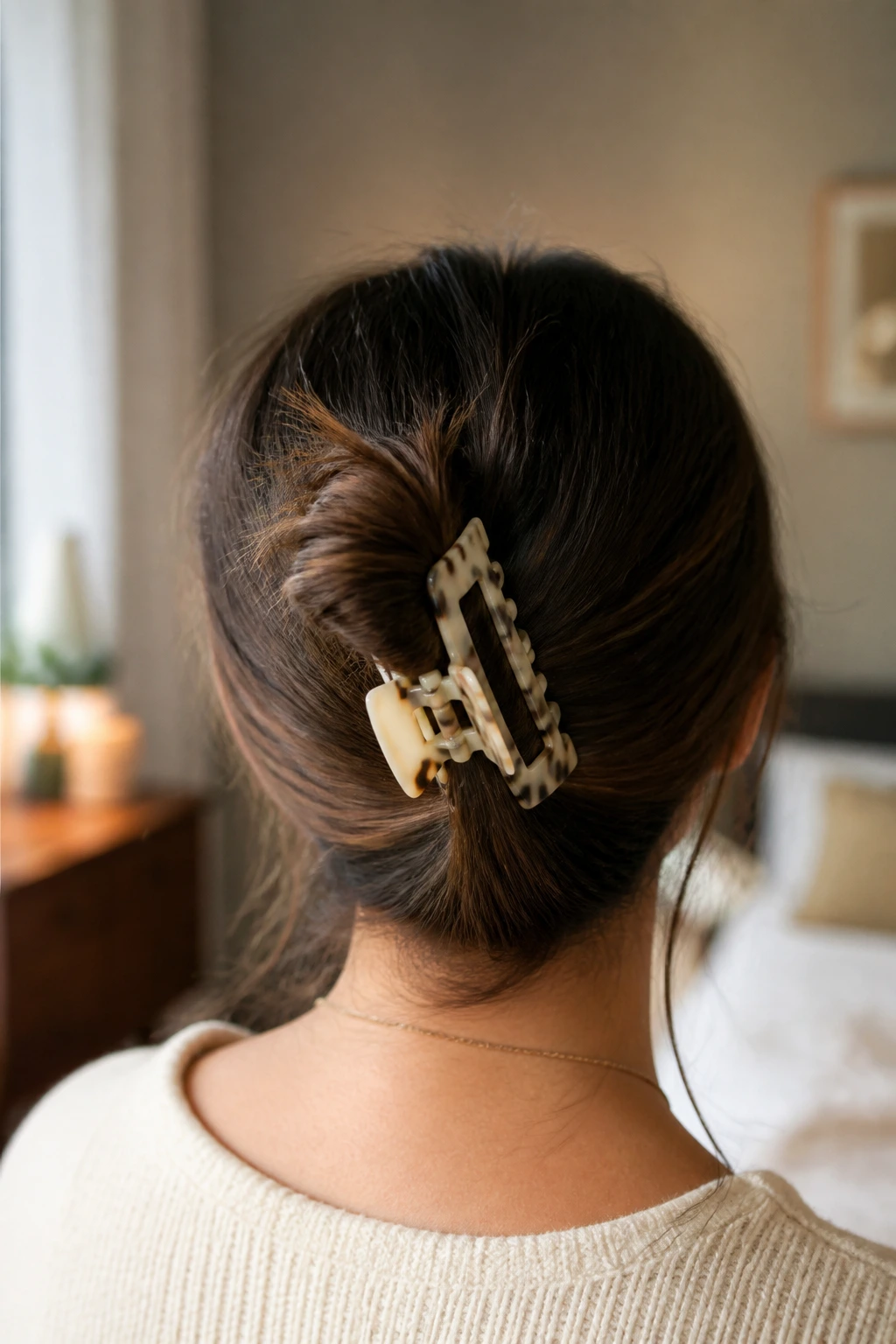 Back view of woman with claw clip concealing back hair