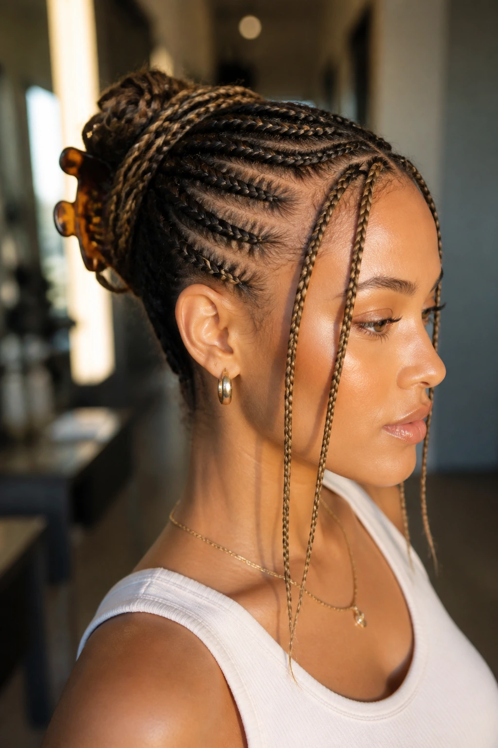 Real woman with cornrows piled into a claw-clip updo; face-framing braids visible.