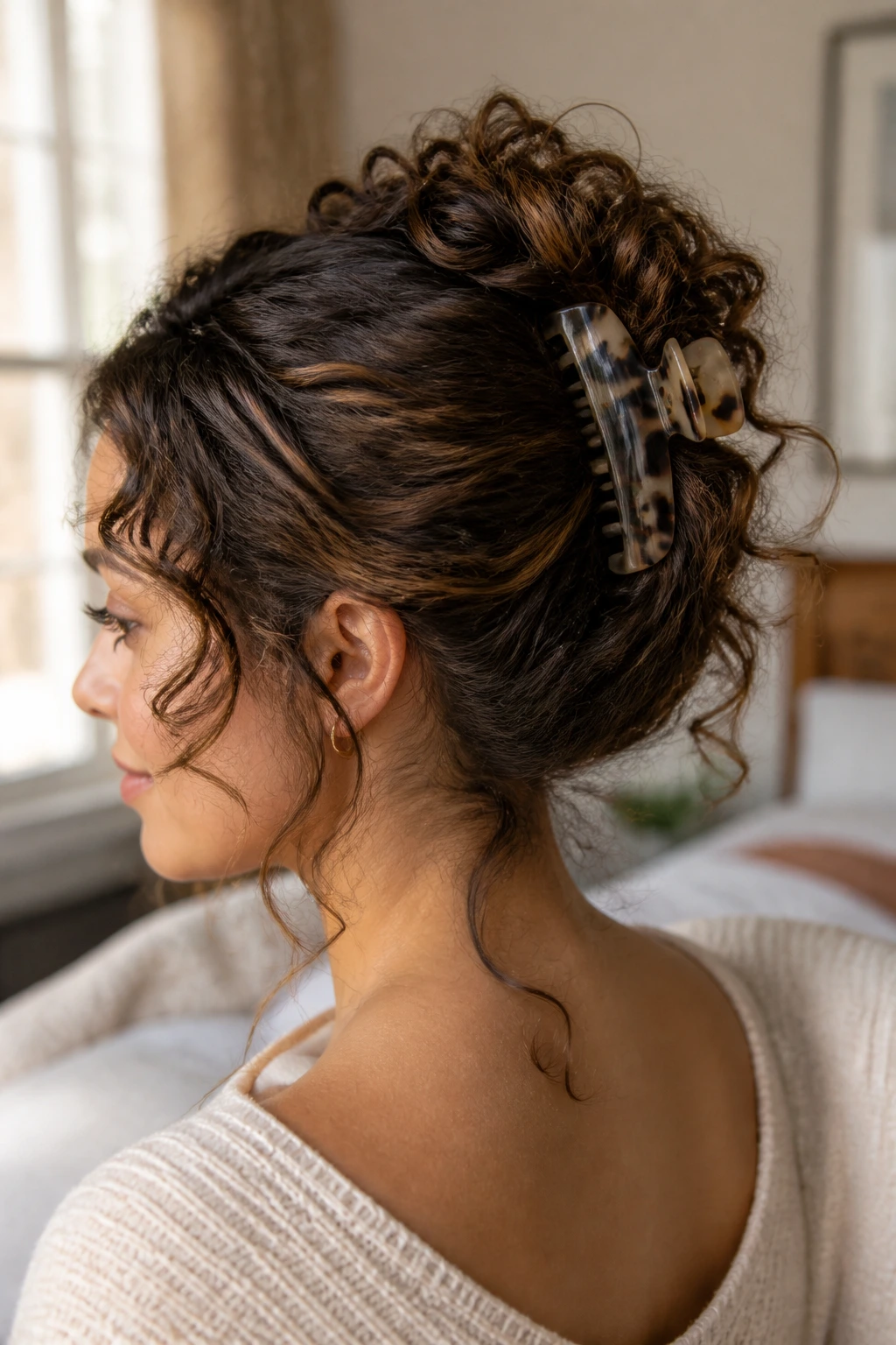 Close-up portrait of a real woman with a claw-clip twist at the crown in curly hair