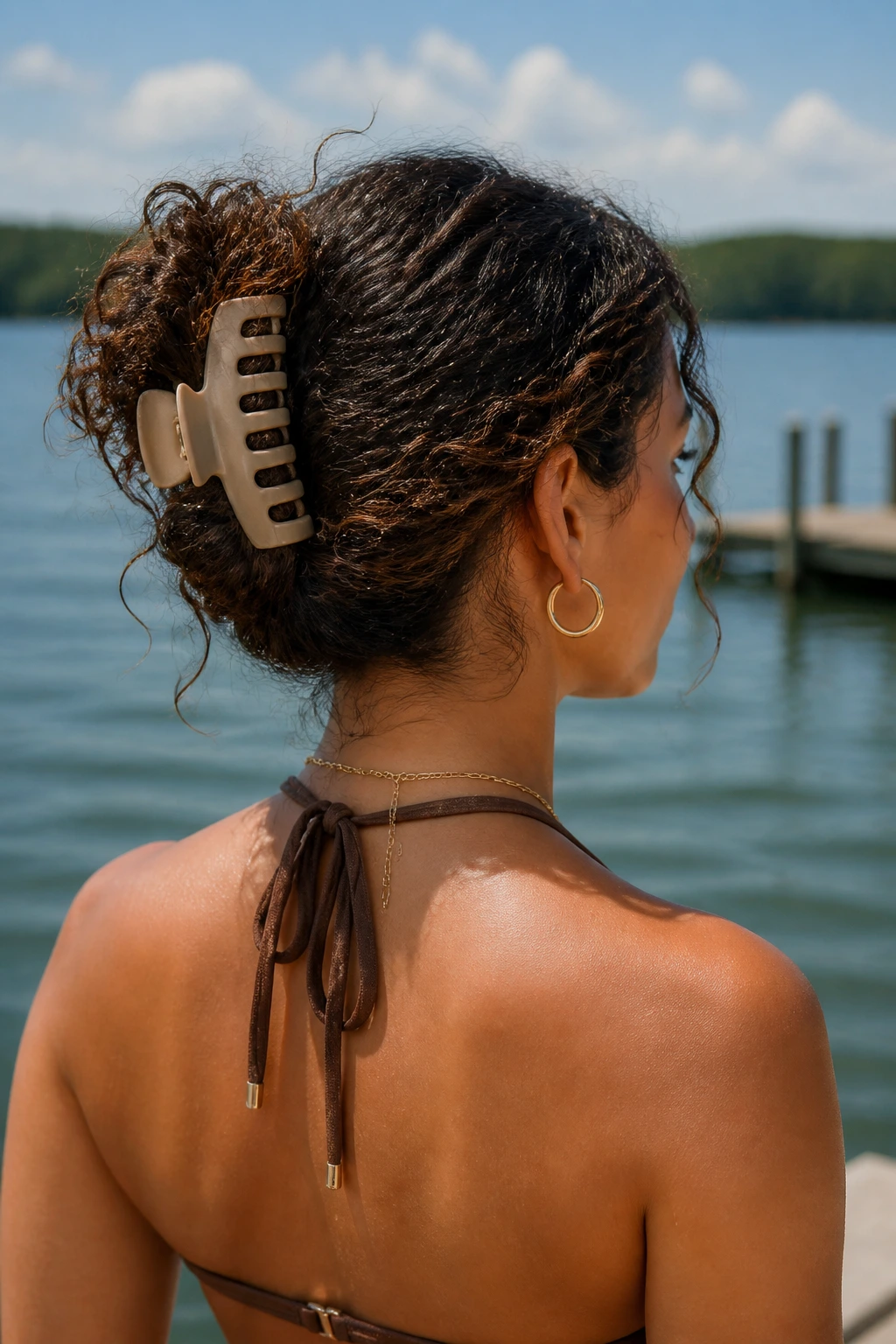 Portrait of real woman with claw-clip twist by the lakeside.