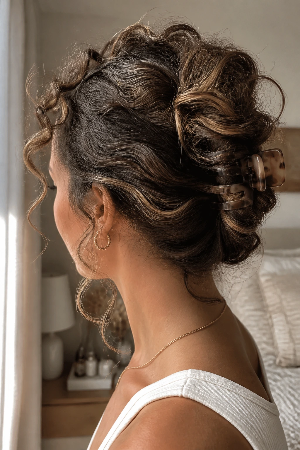 Close-up of a real woman with a claw-clip French twist on curly hair and babylights