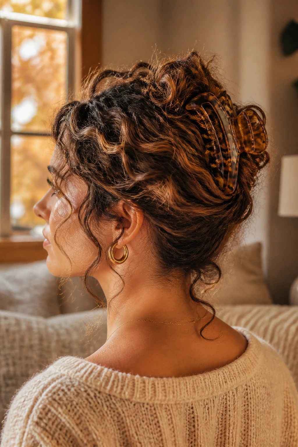 Close-up portrait of a real woman with a claw-clip twist for curly lengths in a warm living room