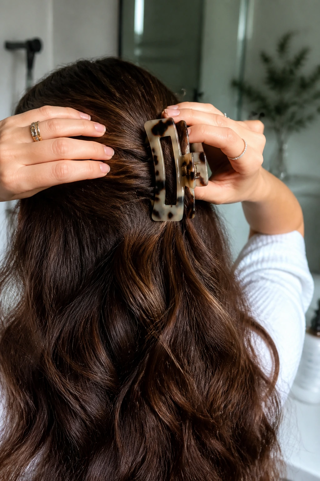 Close-up of a person using a large claw clip on thick hair