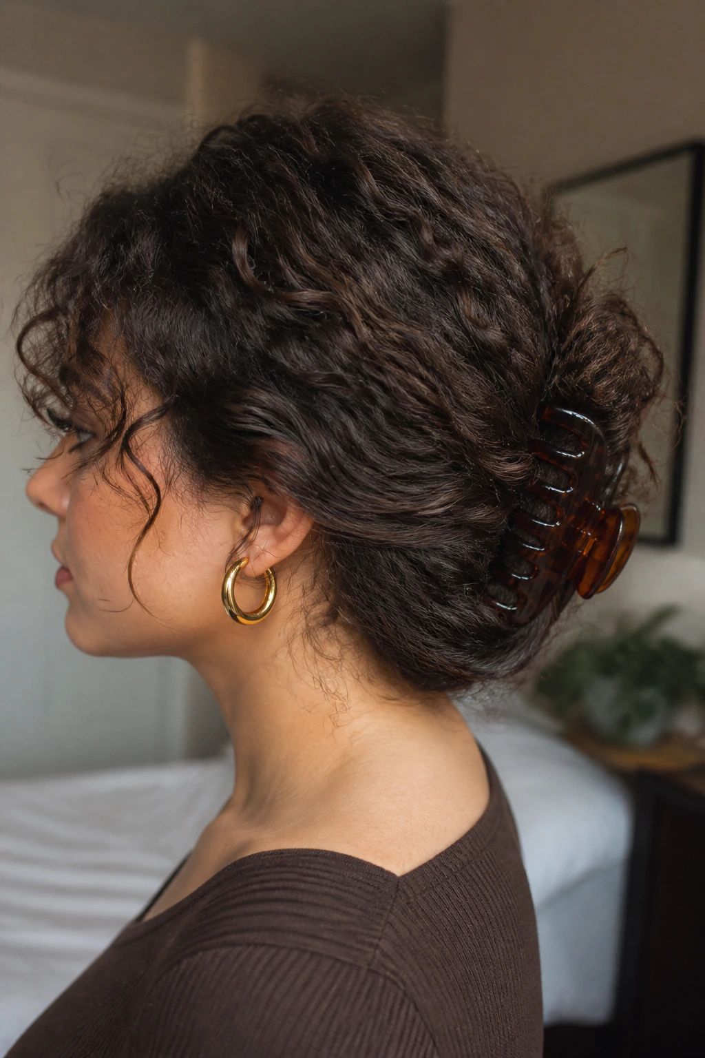 Portrait of a real woman with a low claw-clip twist at the nape.