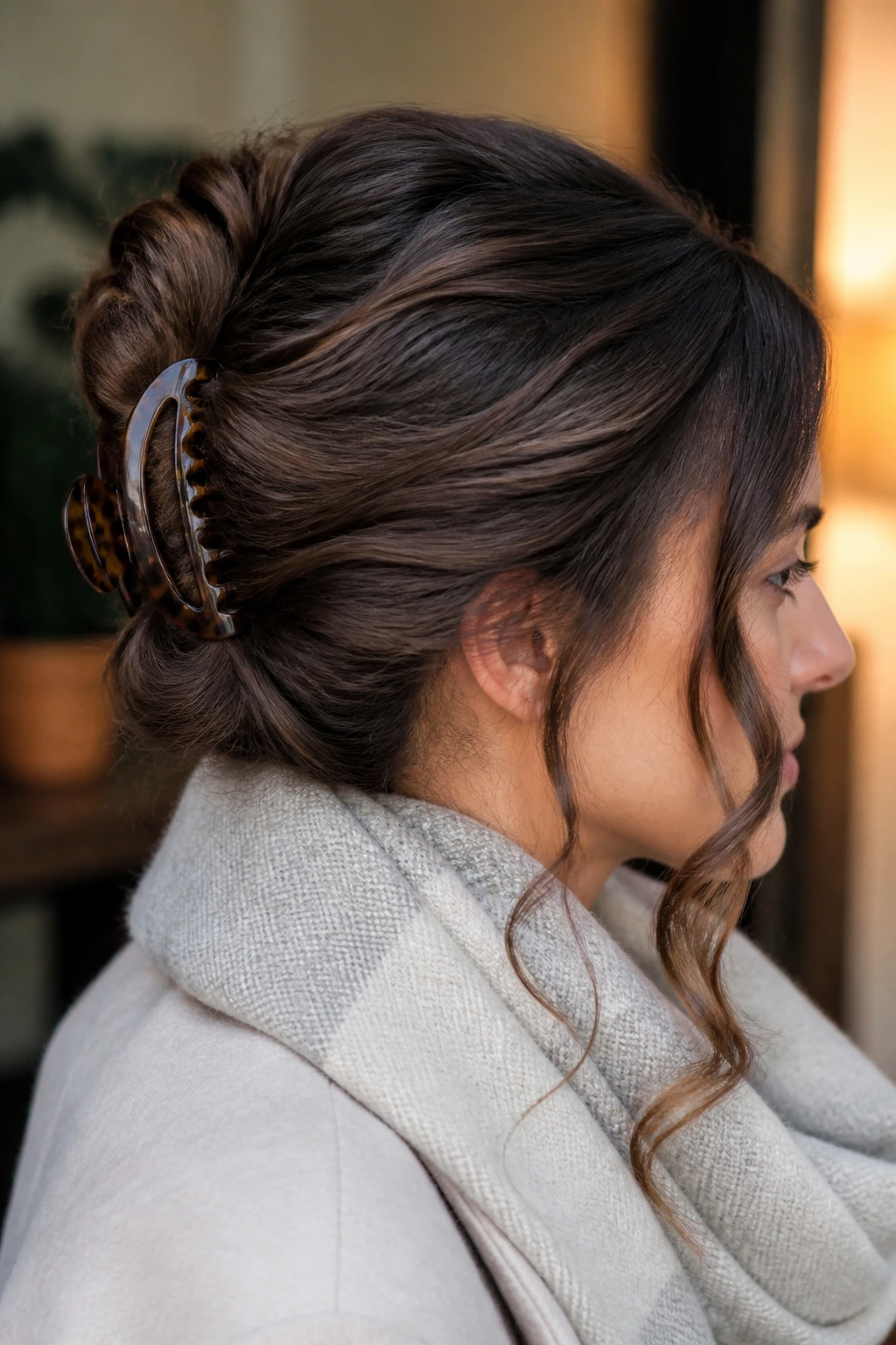 Portrait of a woman with a claw-clip French twist and loose face-framing curls.