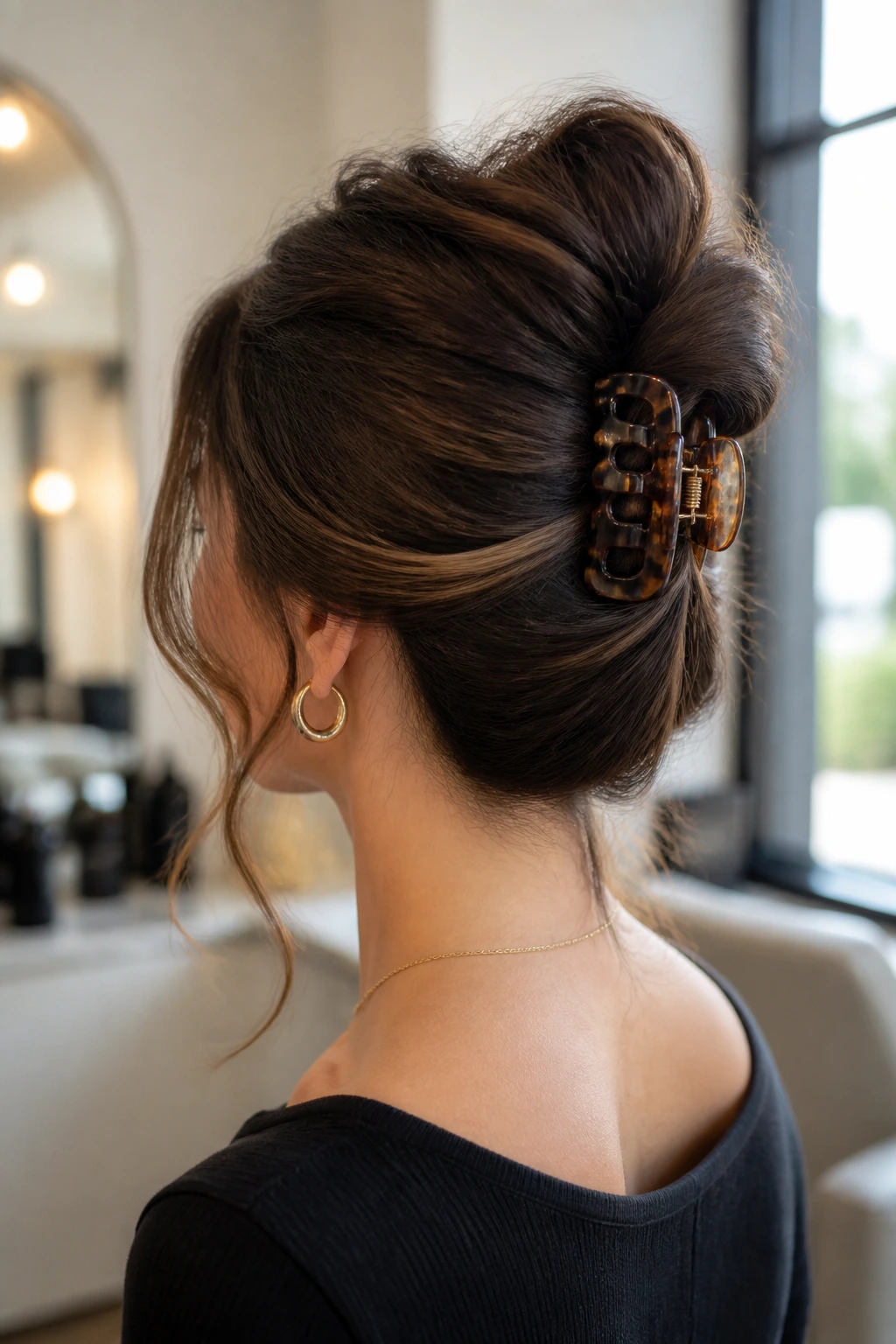 Portrait of a real woman with a claw-clip French twist secured at the back.