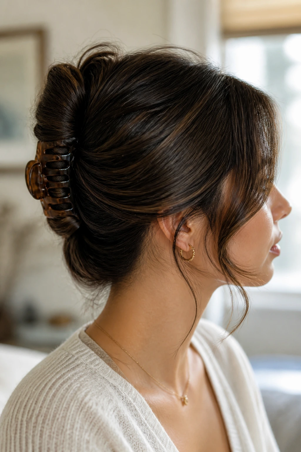 Portrait of a woman with a claw-clip French twist and curved front layers.