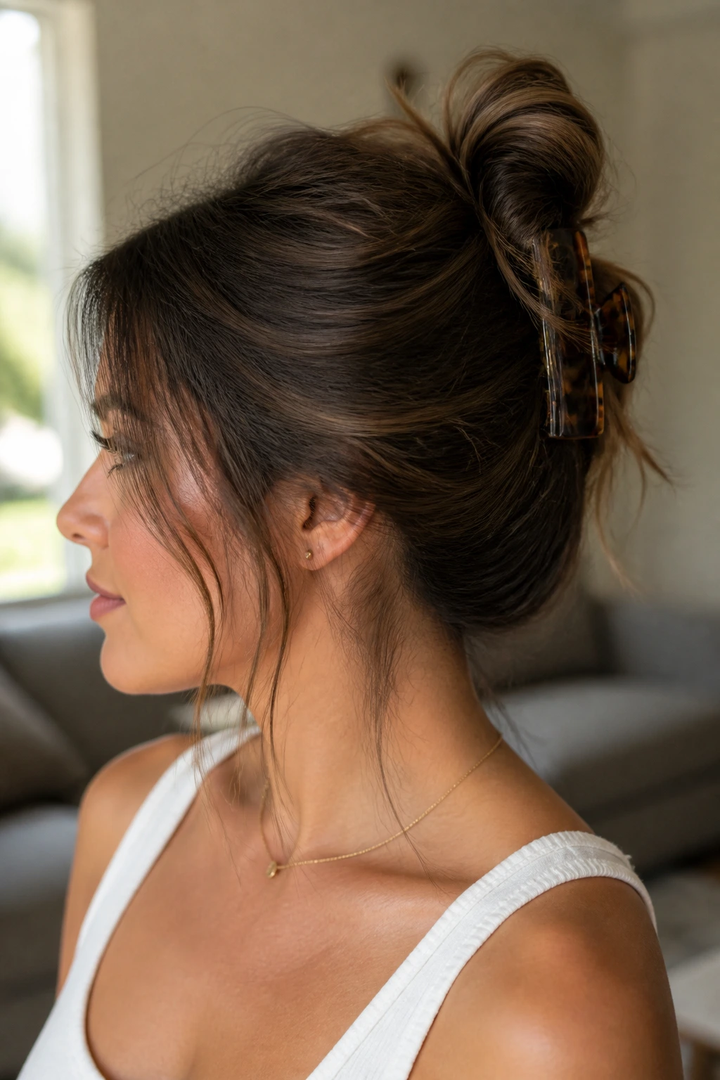 Close-up of a real woman with a claw-clip French twist and loose temple strands in natural window light