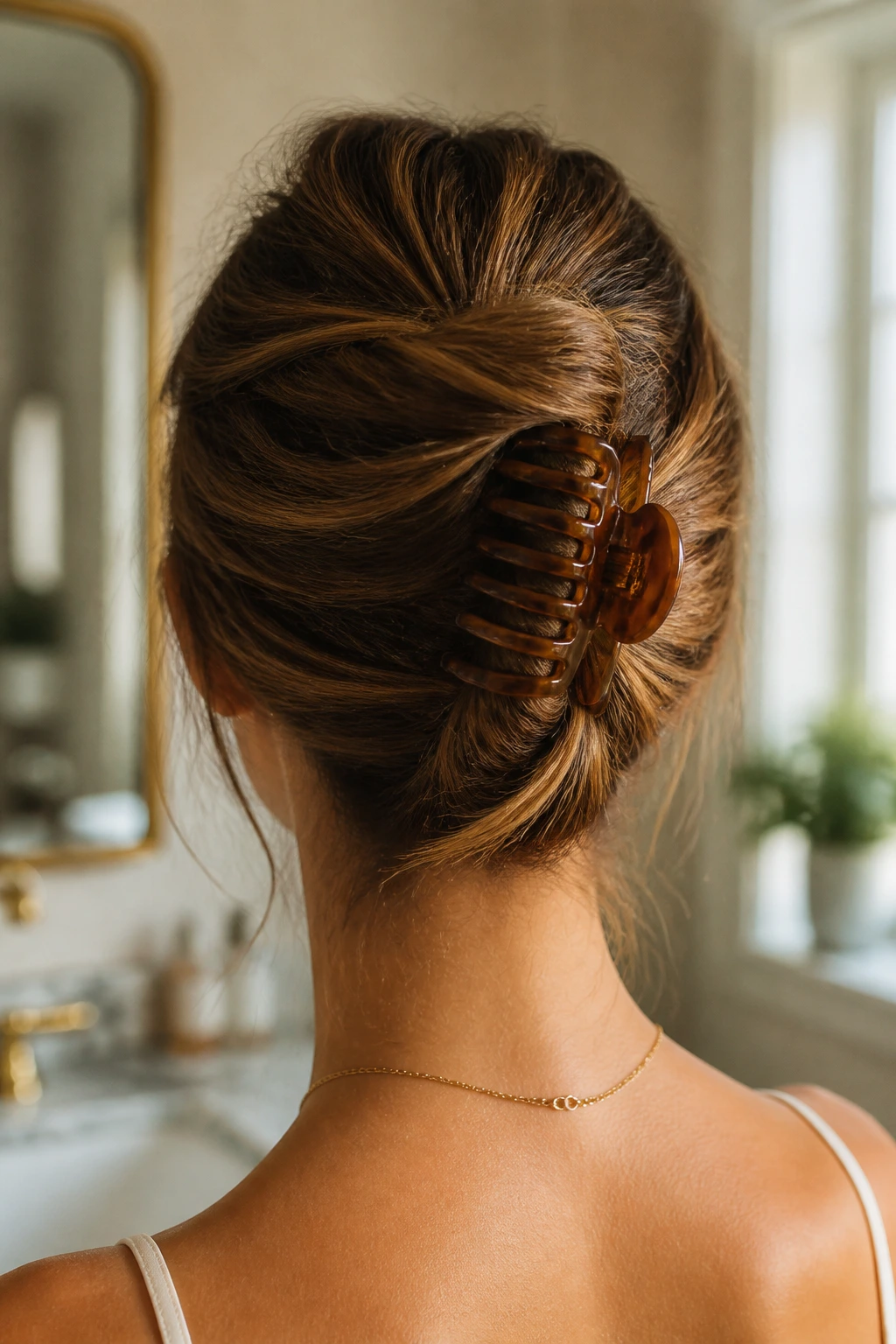 Back view of a real woman's head showing a French twist secured with a claw clip and loose ends.