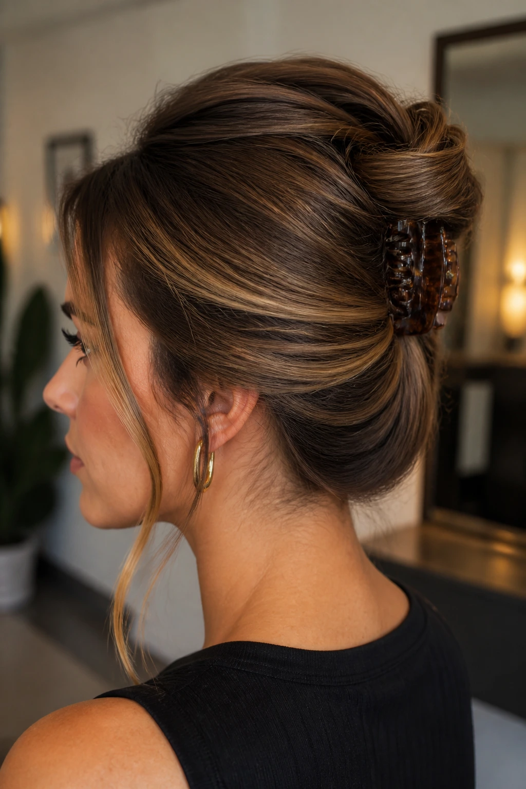 Real person in a claw-clip French twist with caramel highlights