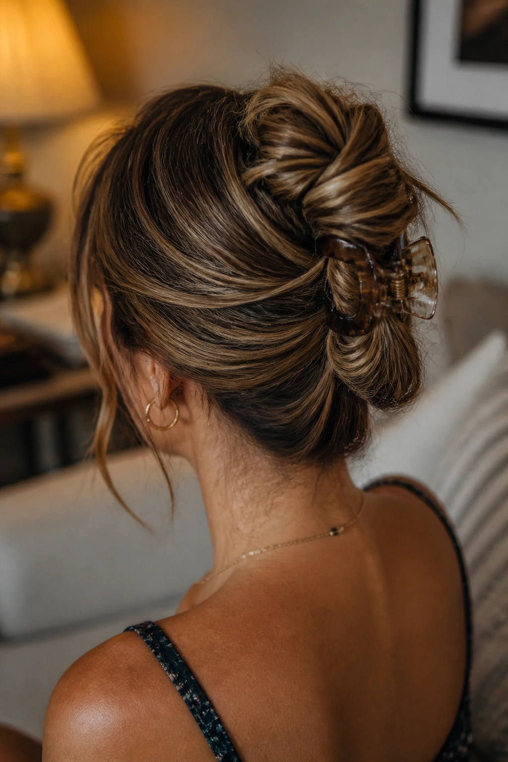 Real woman with a messy French twist secured by a claw clip