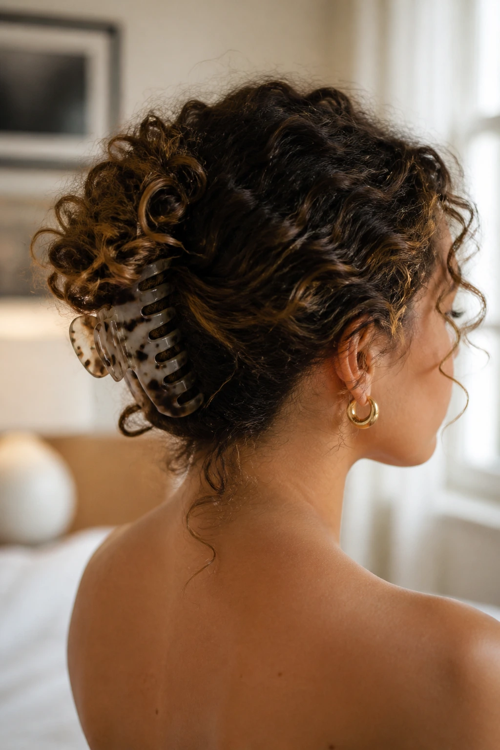 Real person wearing claw-clip French twist with curly hair