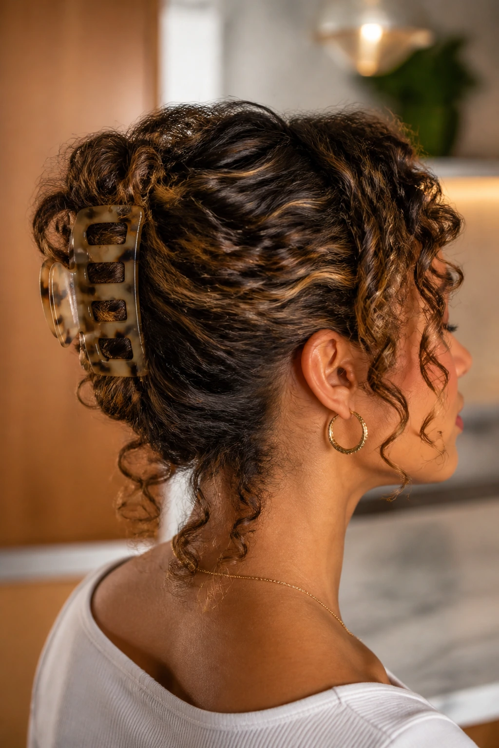 Close-up of a real woman with a claw-clip French twist.