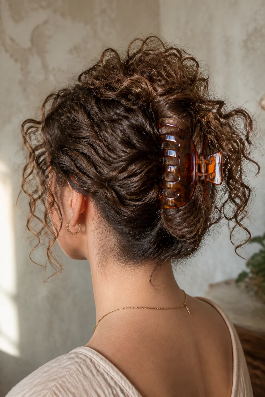 Real woman with claw clip holding a loose French twist with curls spilling
