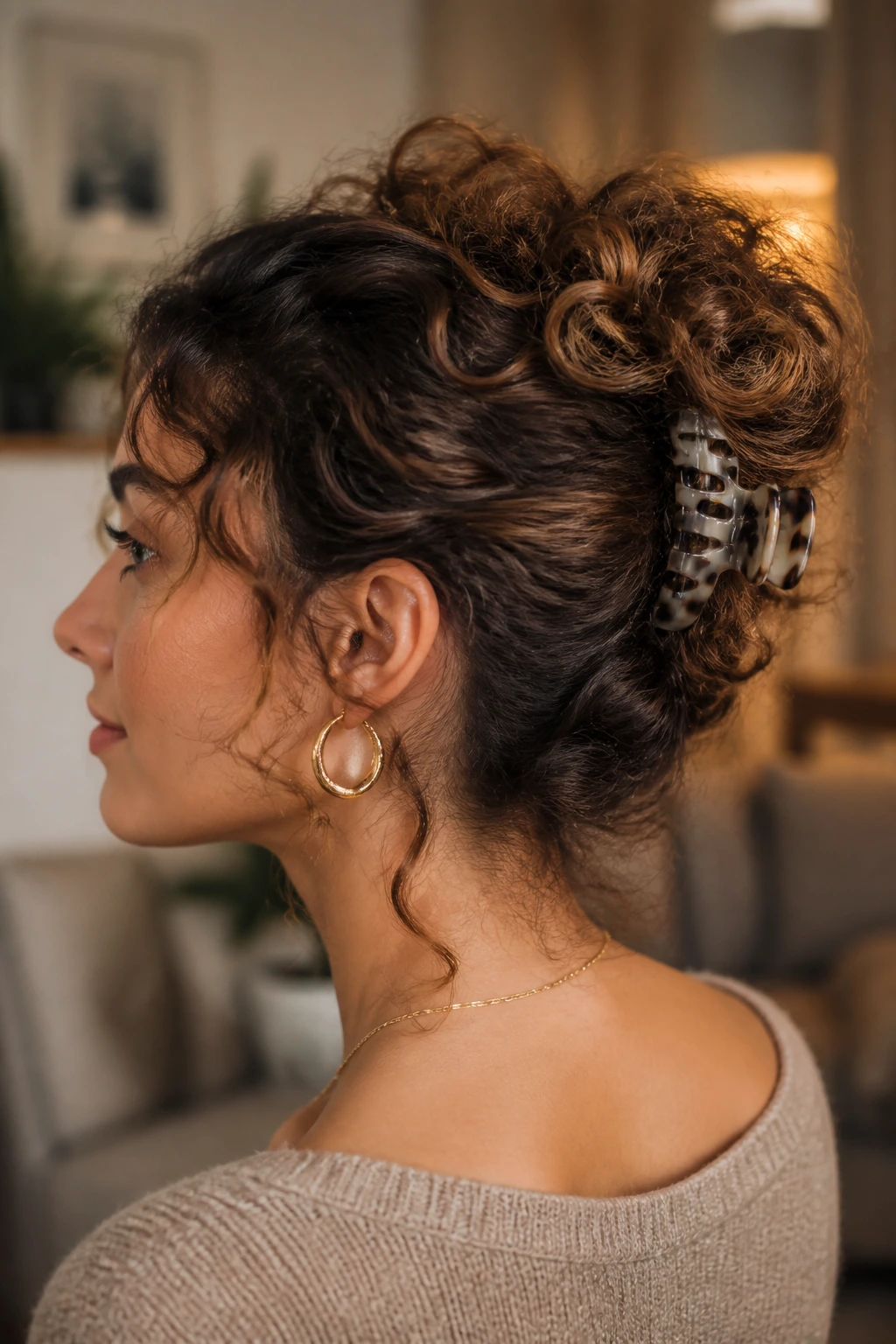 Close-up of a real woman with a claw-clip French twist and curls at the edges in a warm-lit room