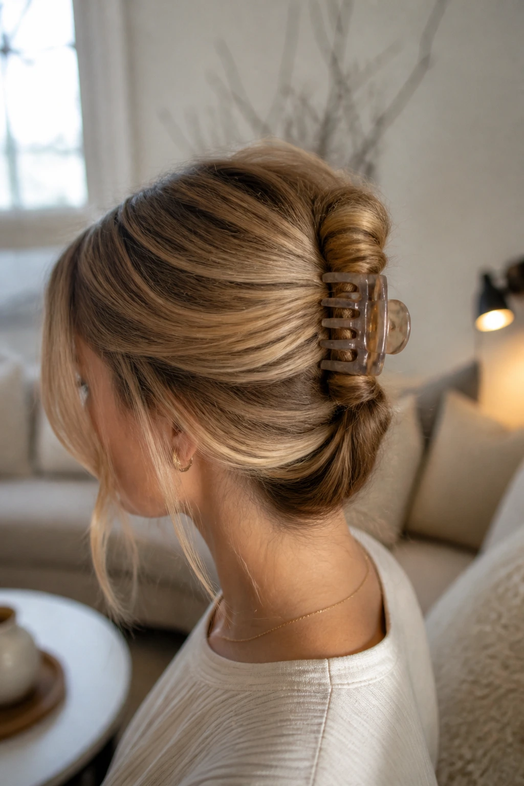 Close-up of a real woman showing a French twist secured by a claw clip in a softly lit room
