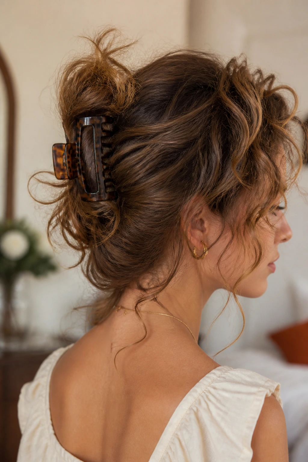 Portrait of a real woman with a claw clip French twist hairstyle