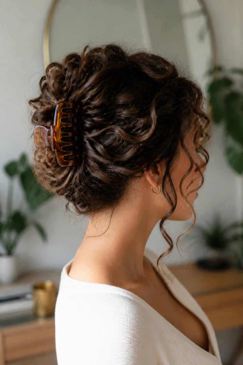 Real woman wearing a claw-clip French twist with curls spilling from the clip