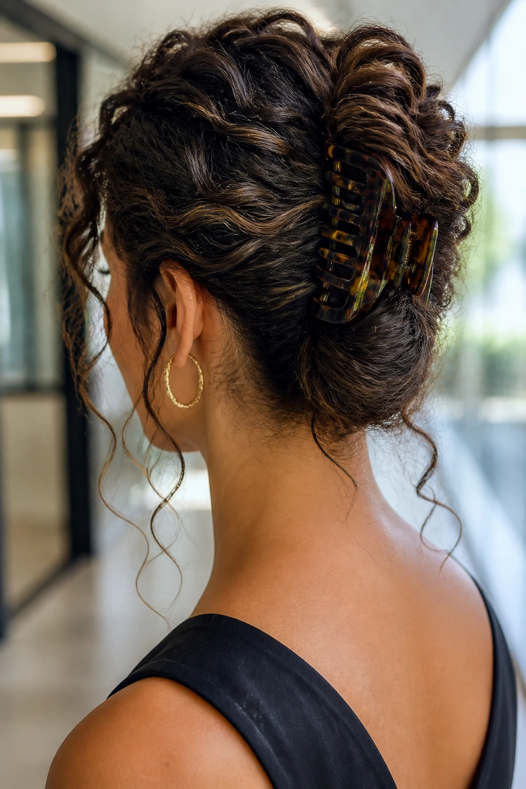 Close-up of a real woman showing a claw-clip French twist in long curly hair.