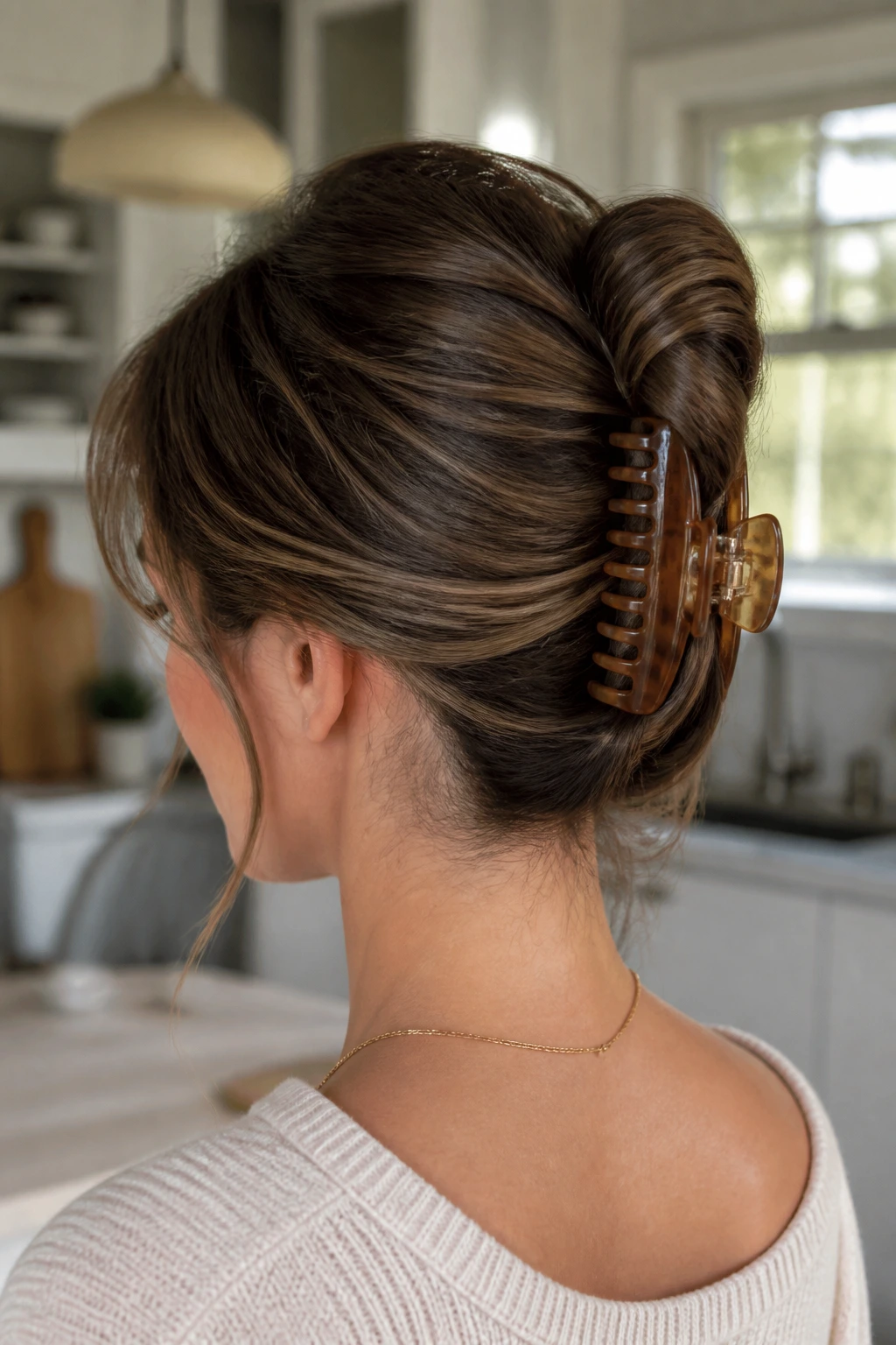 Portrait of a woman with a vertical claw clip French twist at the back of her head