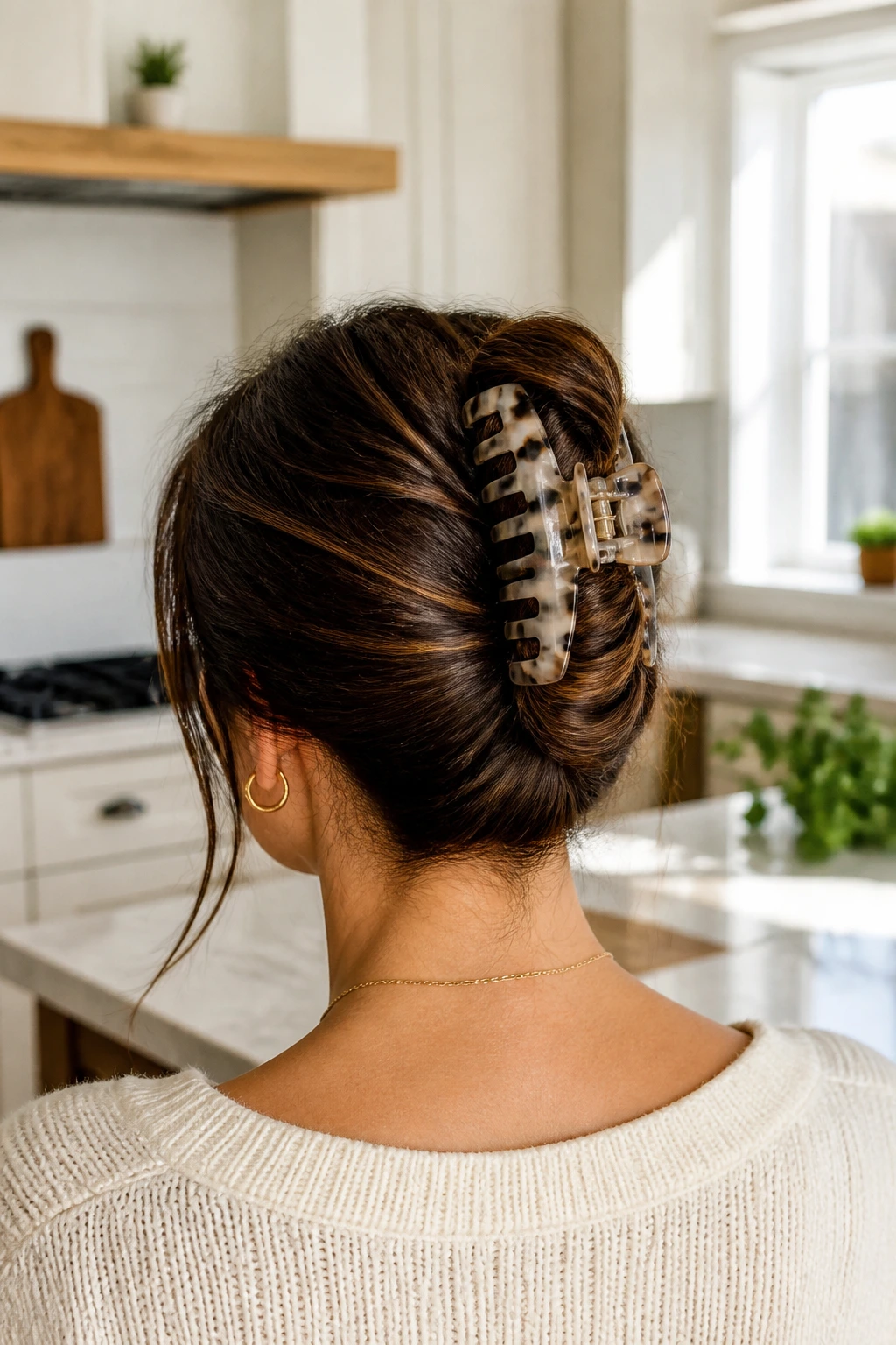 Back-of-head view of a person with a claw-clip French twist