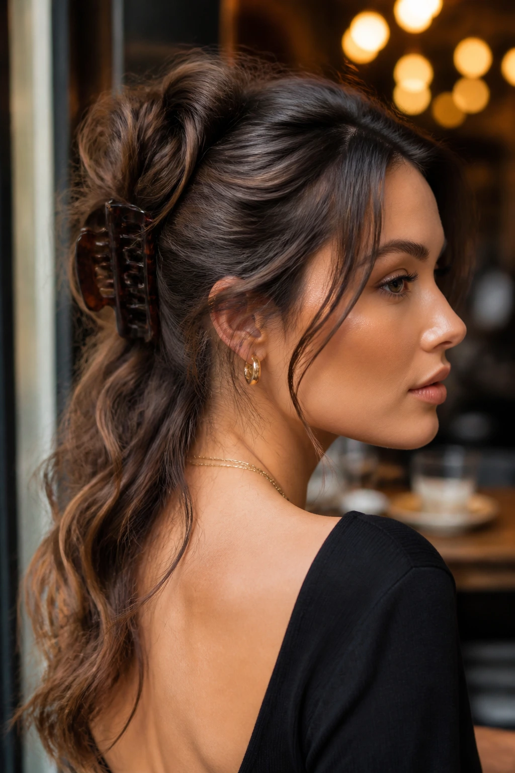 Real woman wearing a claw-clip French twist with the length left down