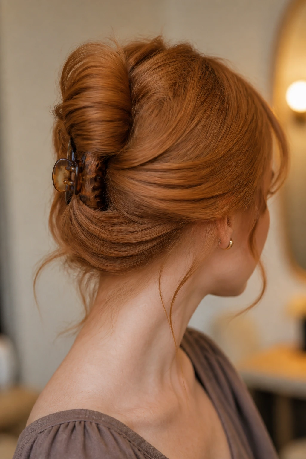 Close-up of a real woman with a claw-clip French twist in red hair