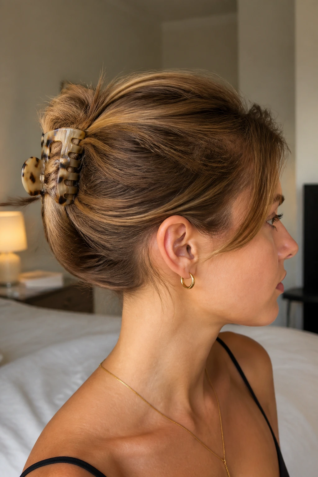 Close-up of a real person with a claw-clip French twist in short hair
